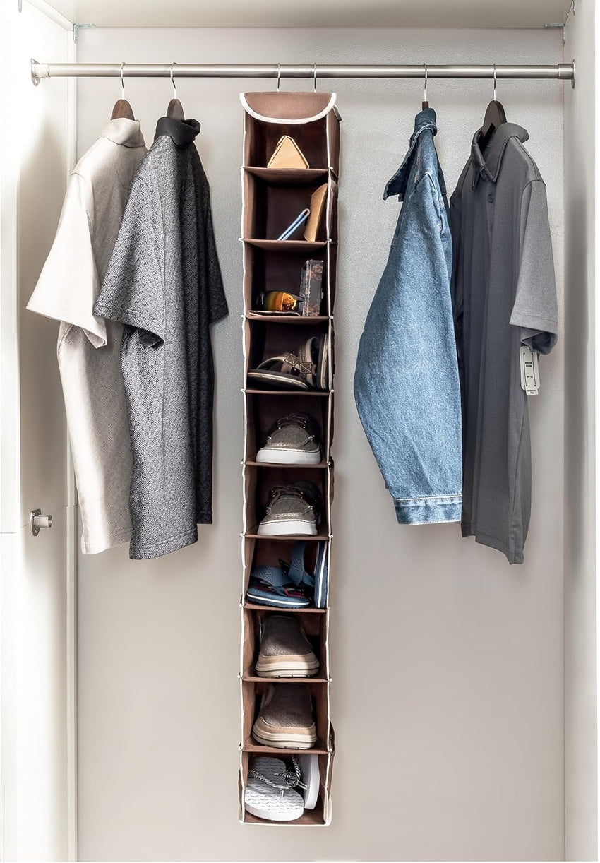 Premium 10-Shelf Hanging Shoe Storage Organiser With Side Mesh Pockets- Superior Tear Proof Fabric, Hanging Shoe Shelves With 2 Hooks- Collapsible Wardrobe Storage Closet Organiser for Shoes & Clothes