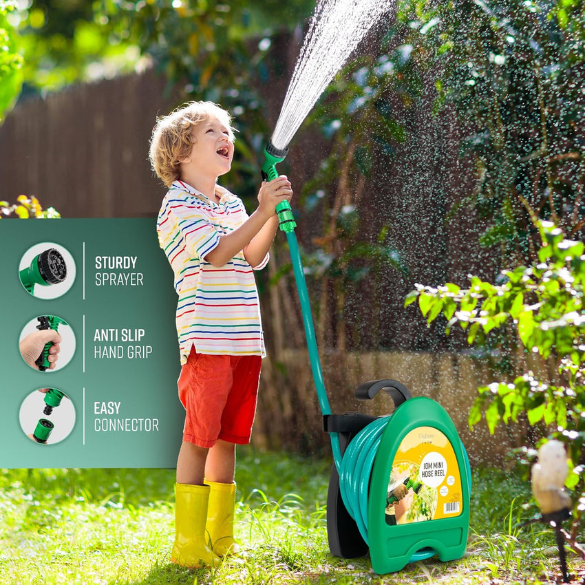 GloBrite Mini Hose Reel with 10m / 32ft Garden Hose Pipe Spray Gun & Adjustable Nozzle, Wall Mountable, Compact and Portable for Small Garden, Balconies, Watering for Pots and Outdoor Cleaning