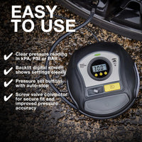Ring Automotive RTC450 Digital Tyre Inflator with Auto Shut-off, Memory, LED Light, Backlit Display and Adapter Kit, New Model 2022 Ring, Black/Grey/Yellow
