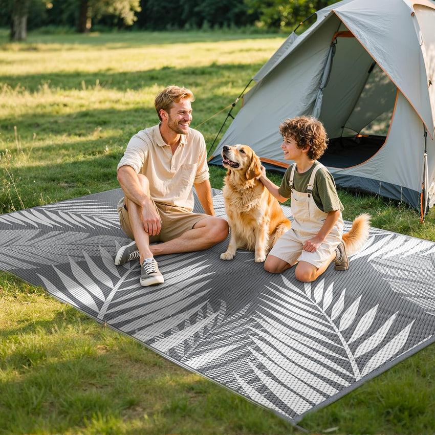 GENIMO Outdoor Rug 240 x 300 cm â Extra Large Waterproof Reversible Garden Rug, UV Resistant & Washable Plastic Carpet for Patio, RV, Picnic, Backyard, Balcony â Grey & White