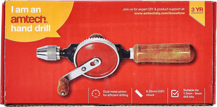 Amtech 2-Piece Hand Drill Wooden Handle Double Pinion Gears - 10mm Chuck