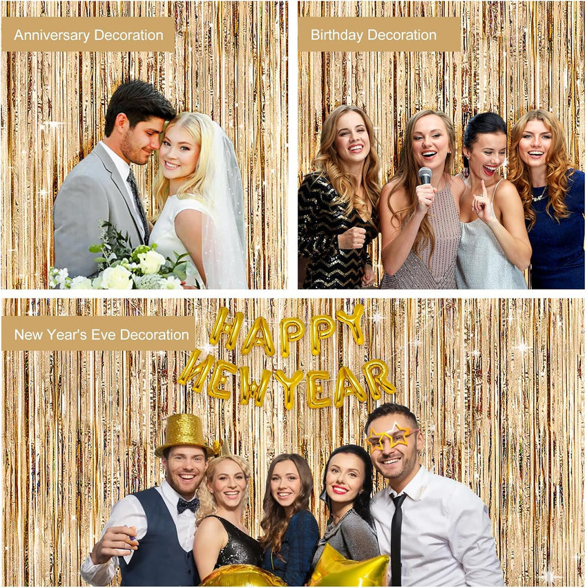 G2PLUS Champagne Gold Glitter Foil Curtains, 2PCS Metallic Tinsel Foil Fringe, 1mÃ2.5m Party Backdrop Streamers for Birthday Wedding Prom Decoration