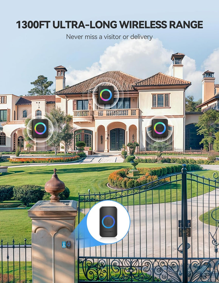 TECKNET Wireless Doorbell 3 Receivers, Door Chime Kit with RGB Light, 400 M/1300 ft Wireless Range, IP65 Waterproof Door bell, 60 Chimes & 5 Level Volume Plug in Receiver for Home, School,Office,Black