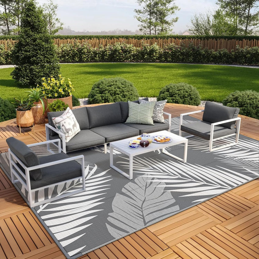 GENIMO Outdoor Rug 240 x 300 cm â Extra Large Waterproof Reversible Garden Rug, UV Resistant & Washable Plastic Carpet for Patio, RV, Picnic, Backyard, Balcony â Grey & White