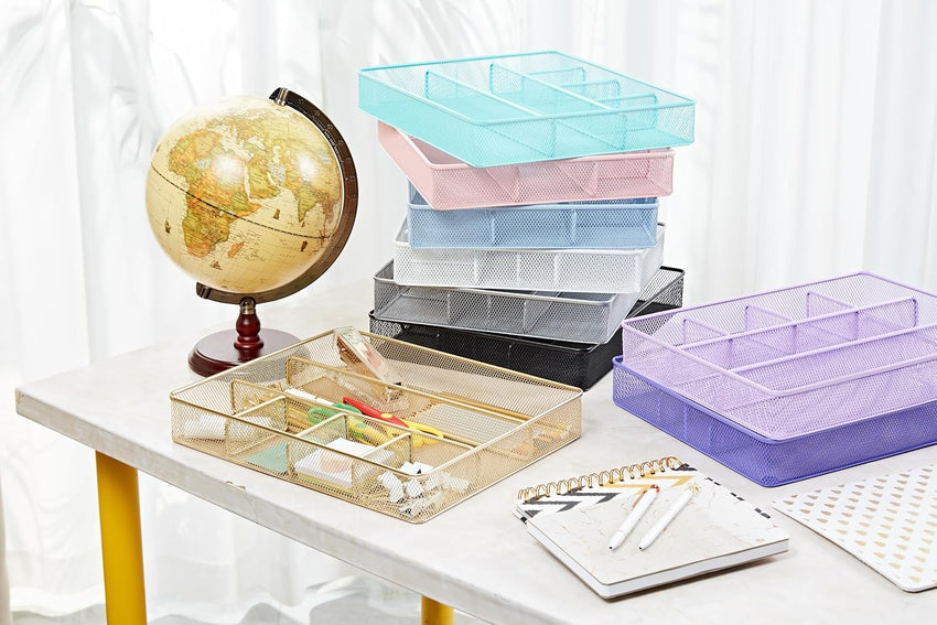 Annova Desk Drawer Organizer/Storage Tray - Metal Mesh with Dividers for Pens, Desktop Accessories, Bathroom, Kitchen, Makeup and Office Supplies (Purple)