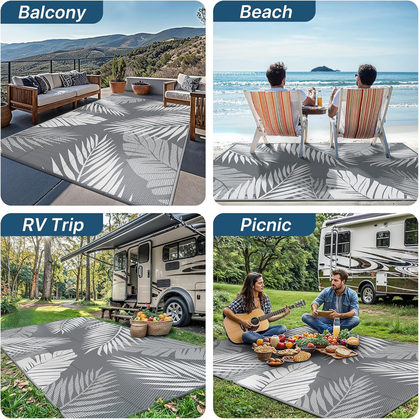 GENIMO Outdoor Rug 240 x 300 cm â Extra Large Waterproof Reversible Garden Rug, UV Resistant & Washable Plastic Carpet for Patio, RV, Picnic, Backyard, Balcony â Grey & White