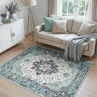 Machine Washable Low Pile Area Rug 120 x 180cm Vintage Print Anti-Slip Indoor Blue/Teal/Navy/Red