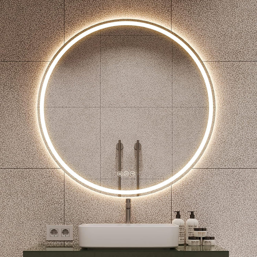 AI-LIGHTING 40cm Round LED Mirror Bathroom Circular Mirror with Lights Illuminated Anti-Fog Backlit Light Up Circle Mirror Touch Switch Color Change Demister IP44 Dimmable