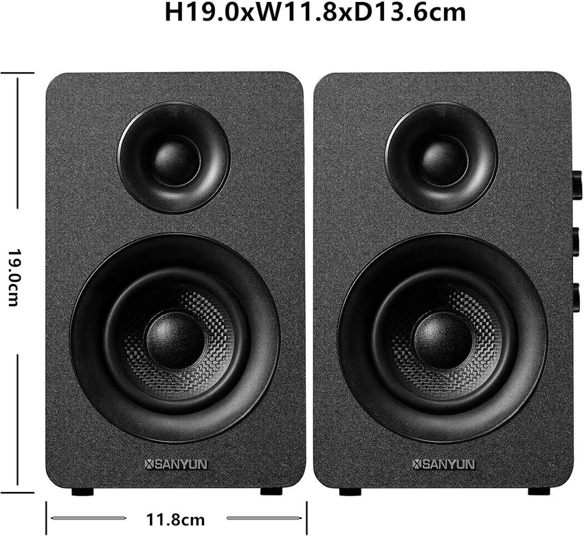 Sanyun SW208 3" Active Bluetooth 5.0 Bookshelf Speakers - 60W Carbon Fiber Speaker Unit - Built-in 24bit DAC - Dynamic 3D Surround Sound - 2.0 Computer PC Monitor Gaming Speakers (Pair, Black)