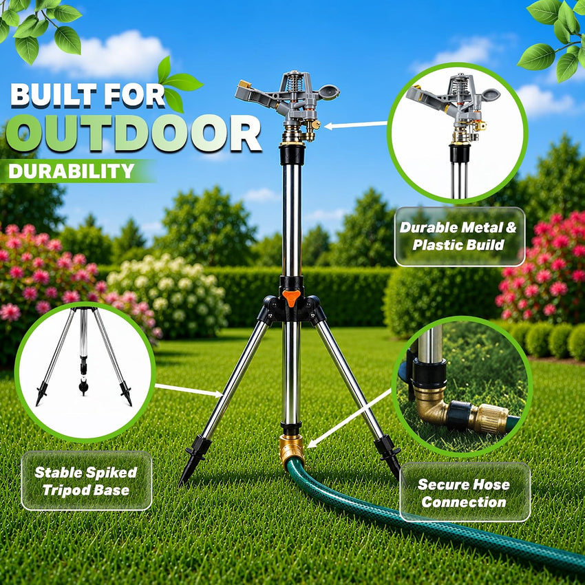 Pulsating Lawn Sprinkler Tripod 450mÂ² Coverage Adjustable Spray - 90cm