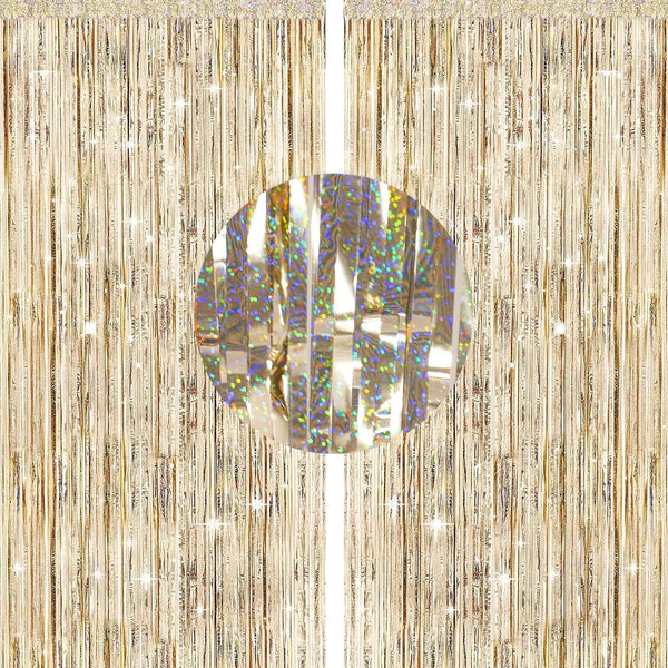 G2PLUS Champagne Gold Glitter Foil Curtains, 2PCS Metallic Tinsel Foil Fringe, 1mÃ2.5m Party Backdrop Streamers for Birthday Wedding Prom Decoration