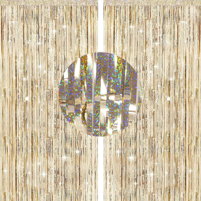 G2PLUS Champagne Gold Glitter Foil Curtains, 2PCS Metallic Tinsel Foil Fringe, 1mÃ2.5m Party Backdrop Streamers for Birthday Wedding Prom Decoration