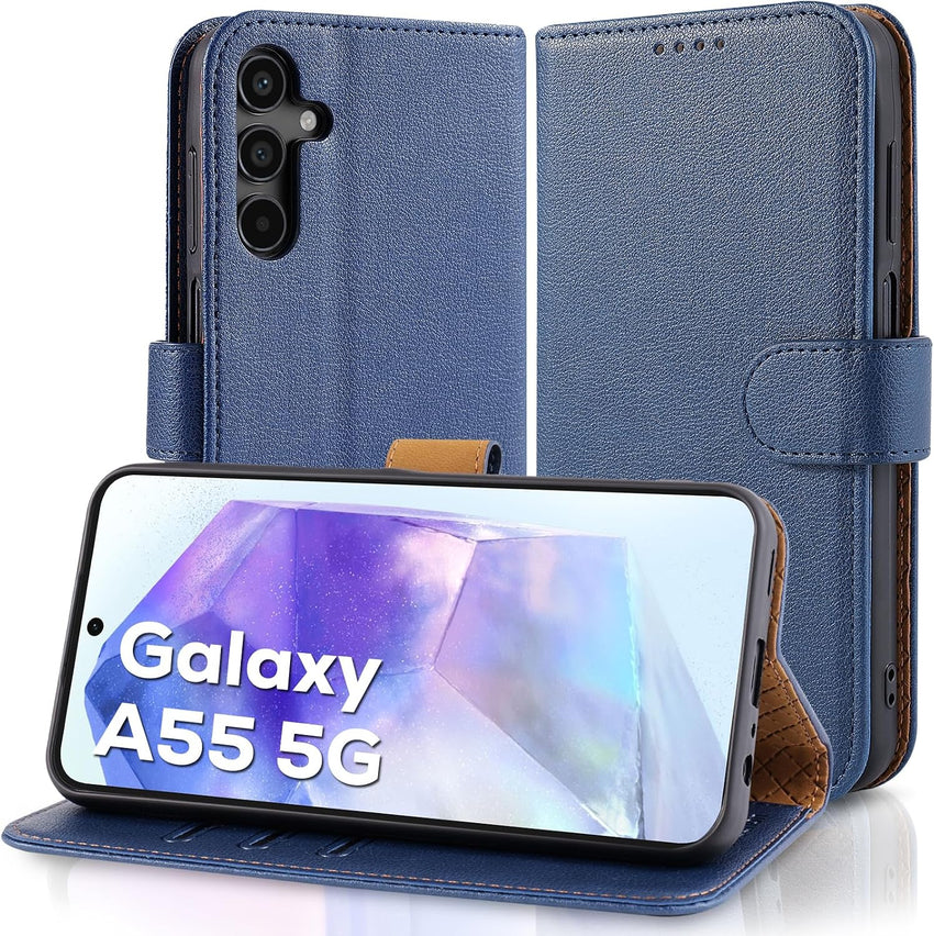 Case Collection for Samsung A55 5G Phone Case and Screen Protector - Leather Folio Flip [Kickstand] Shockproof Cover [RFID Blocking] Magnetic Wallet for Samsung Galaxy A55 5G Case Blue