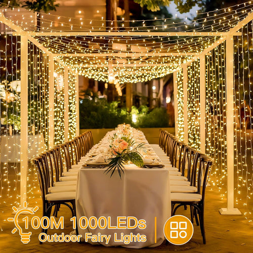Ollny 100m 1000 LED Outdoor Christmas Lights with Remote/Timer â Cool White