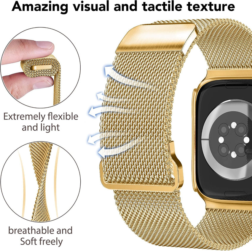 Vamyzji Compatible with Gold Apple Watch Strap 40mm + Protective Case with Screen Protector, Magnetic Milanese Mesh Metal iWatch Strap Women Men for 40mm Apple Watch SE SE 2 SE 3, Series 6 5 4,Gold