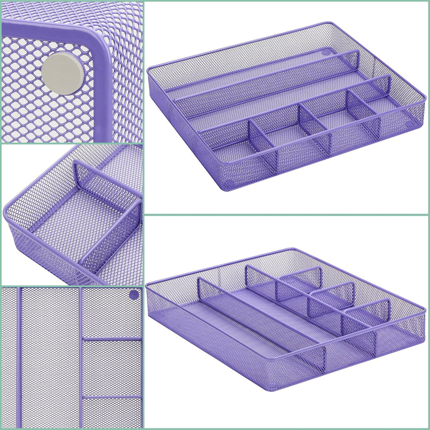Annova Desk Drawer Organizer/Storage Tray - Metal Mesh with Dividers for Pens, Desktop Accessories, Bathroom, Kitchen, Makeup and Office Supplies (Purple)