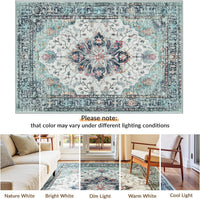Machine Washable Low Pile Area Rug 120 x 180cm Vintage Print Anti-Slip Indoor Blue/Teal/Navy/Red