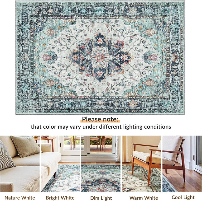Machine Washable Low Pile Area Rug 120 x 180cm Vintage Print Anti-Slip Indoor Blue/Teal/Navy/Red