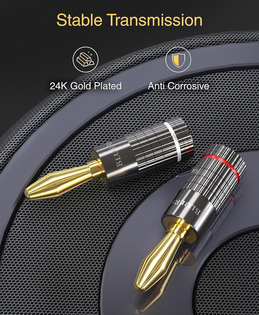 BlueRigger Banana Plugs 2 Pairs / 4 pcs (Closed Dual Screw) - 4 Pack Gold Plated Speaker Plugs Connector for Speaker Wire, Amplifier, Receiver, Banana Wall Plate, Home Theater