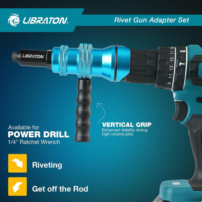 Libraton Rivet Gun Adapter for Electric Drill with Handle for Pop Rivets 2.4mm-4.8mm Black