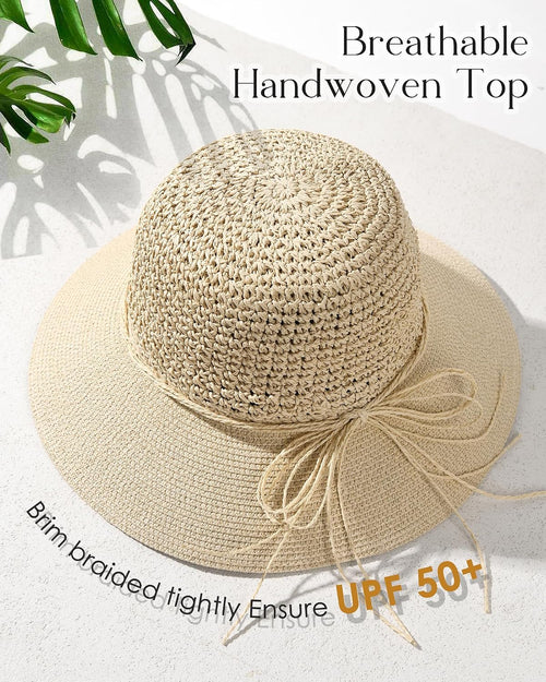 Womens Straw Sun Hat Wide Brim Crochet UPF50+ Foldable Packable Beige M-L