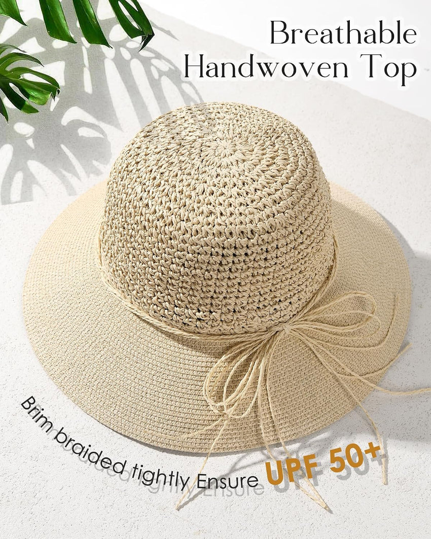 Womens Straw Sun Hat Wide Brim Crochet UPF50+ Foldable Packable Beige M-L
