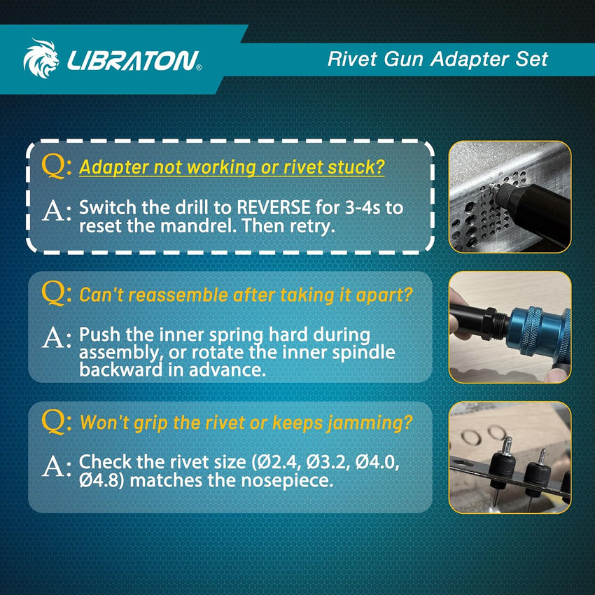 Libraton Rivet Gun Adapter for Electric Drill with Handle for Pop Rivets 2.4mm-4.8mm Black