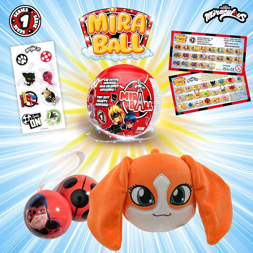Miraculous Ladybug Age 3+, 4-1 Capsule Collectible Toy, Surprise Miraball with expanding Plush Kwami, Collectible Character Metal Case, Glittery Stickers & hanging Display Ribbon
