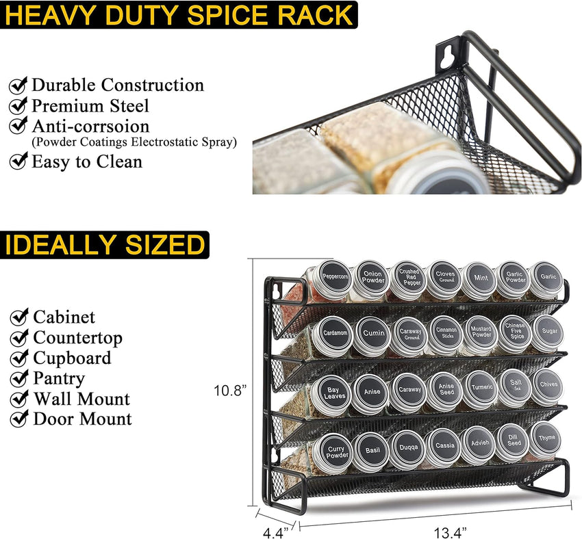 SpaceAid 4 Tier Spice Rack Organizer with 28 Spice Jars, 386 Spice Labels, Chalk Marker and Funnel Set for Cabinet, Countertop, Pantry, Cupboard or Door & Wall Mount
