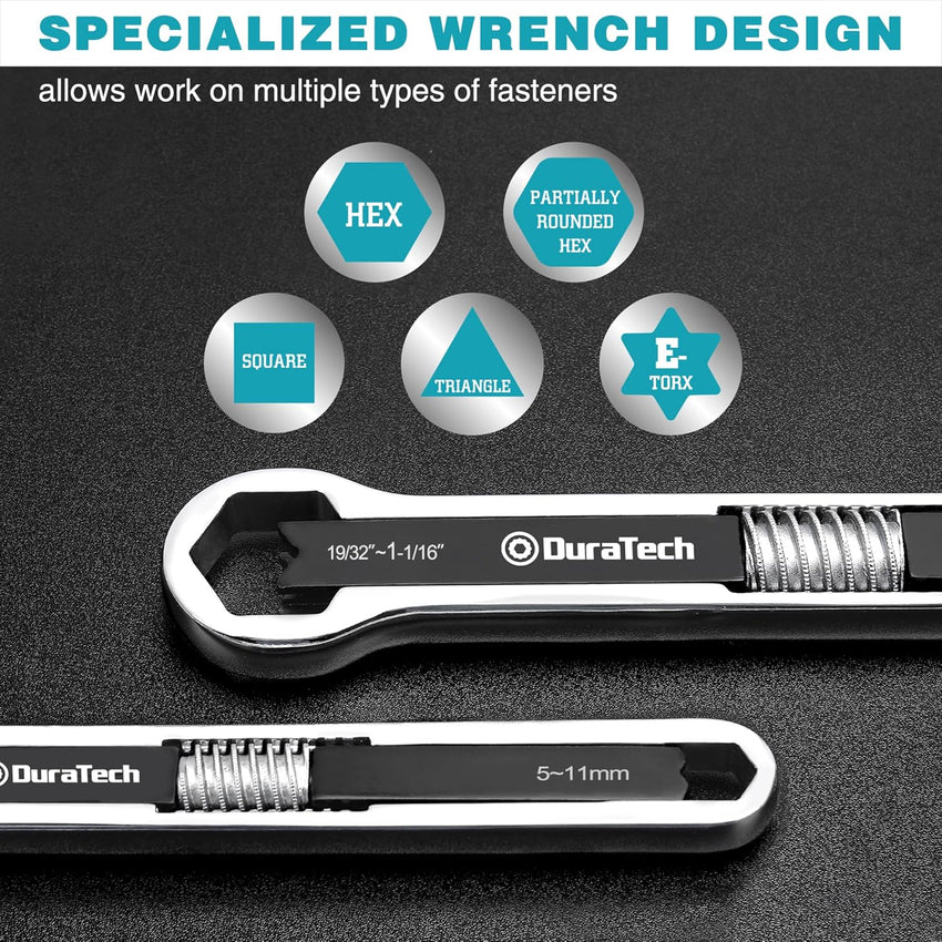 DURATECH Universal Combination Wrench Set, Adjustable Spanner Set, 2-Piece Multifunctional Wrench Set, Total Box-end Ring Spanner Set, 44-in-2, Metric & SAE, 5mm to 27mm & 3/16" to 1-1/16"