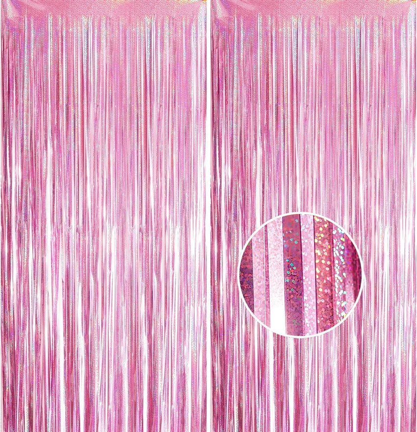 YAAVAAW 2pcs 3.2 x 8.3ft Glitter Pink Tinsel Curtain Foil Fringe Curtain Backdrop Party Streamers Curtain Photo Backdrop Decorations for Birthday School Graduation Hen Girls Party Decorations Pink