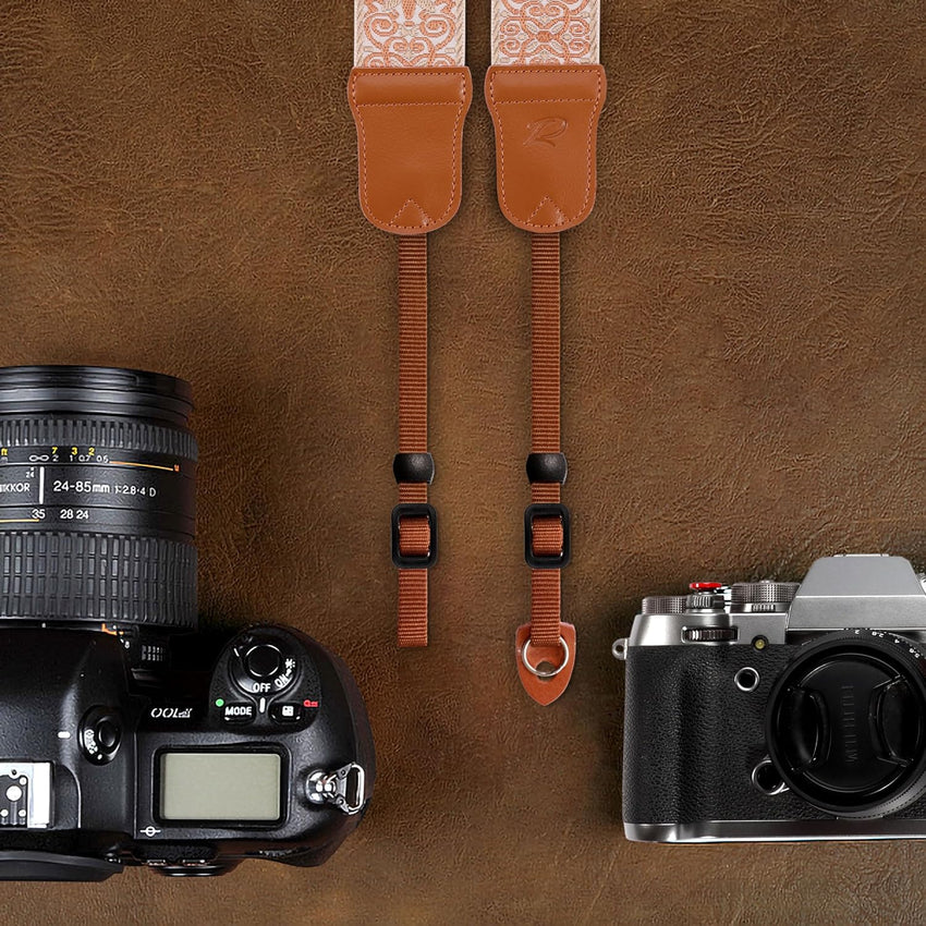 Padwa Lifestyle Camera Strap - 2" Cowhide Head Camera Straps for Photographers,Vintage Jacquard Embroidery Woven Cotton Adjustable Shoulder Neck Straps for Cameras,Binoculars (Khaki Yellow flower)