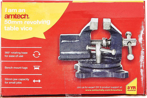 Amtech 50mm Revolving Table Vice Cast Iron Hardened Jaws 360Â° Rotation