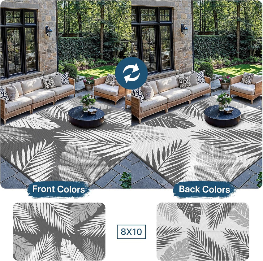 GENIMO Outdoor Rug 240 x 300 cm â Extra Large Waterproof Reversible Garden Rug, UV Resistant & Washable Plastic Carpet for Patio, RV, Picnic, Backyard, Balcony â Grey & White