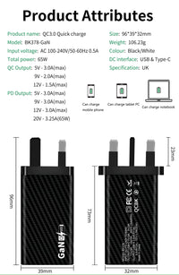 KALINI 65W GaN Fast Charger USB QC 3.0 Wall Charger UK