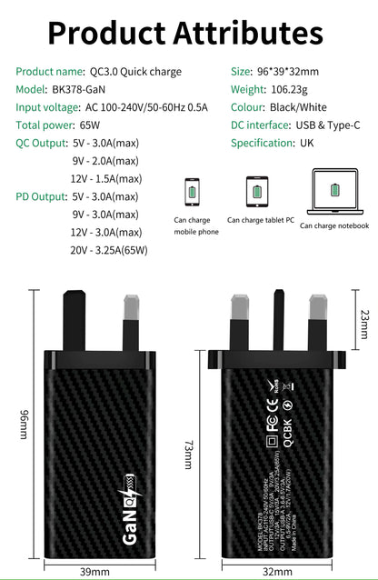 KALINI 65W GaN Fast Charger USB QC 3.0 Wall Charger UK