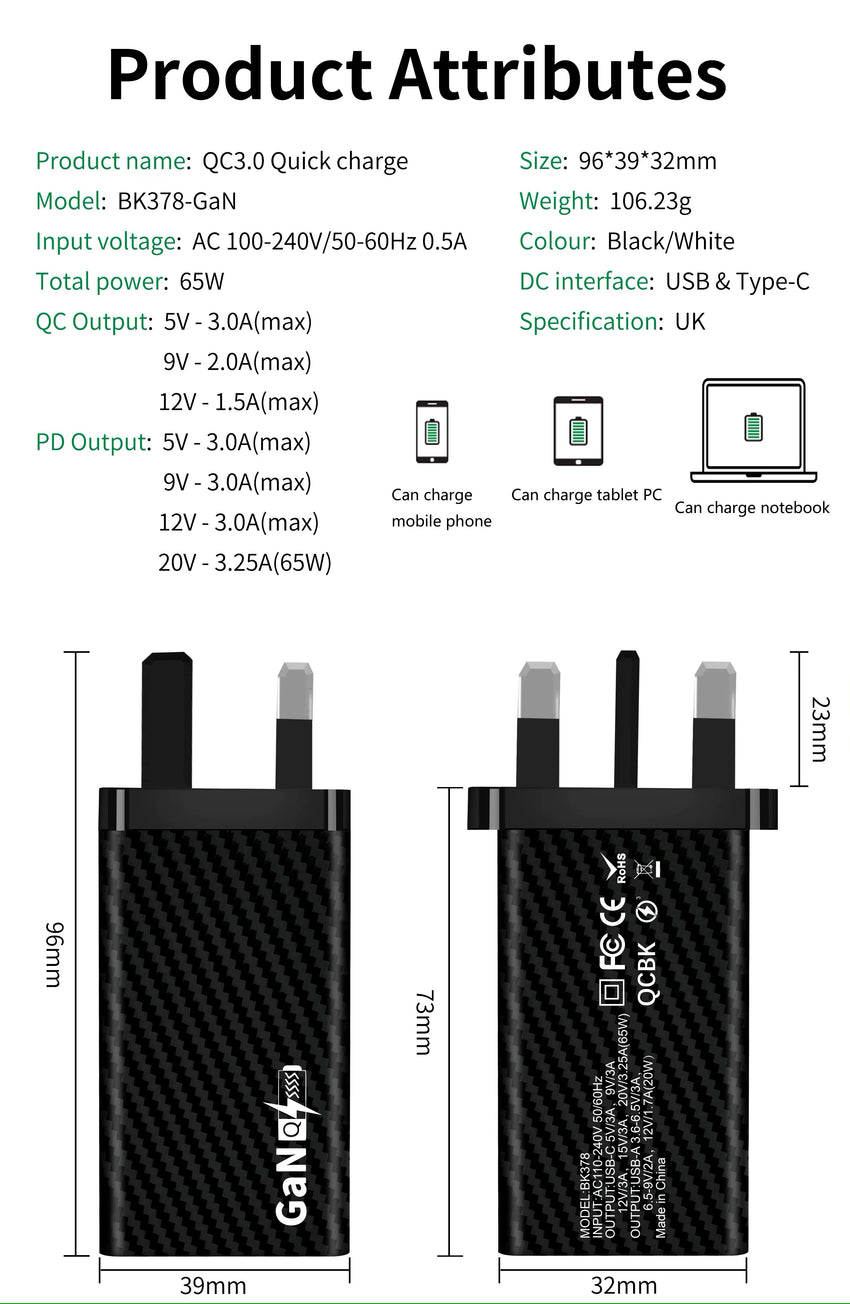 KALINI 65W GaN Fast Charger USB QC 3.0 Wall Charger UK