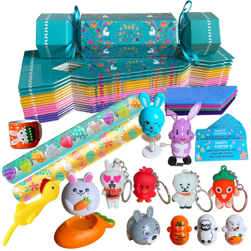 PopManko 16 Packs Easter Crackers, Make Your Own Easter Crackers Kit, Diy Easter Crackers, Easter Party Paper Boxes Bunny Chick Carrot Toys Gifts for Kids with Hats Riddle Cards (No Snap)